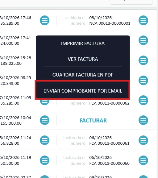 Opción Enviar comprobante por email en StackTrade