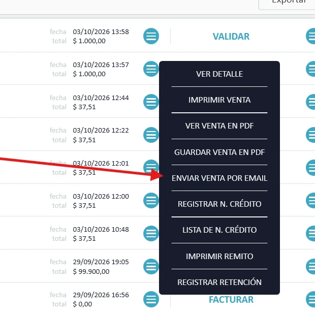 Menú de una venta con la opción Enviar venta por email