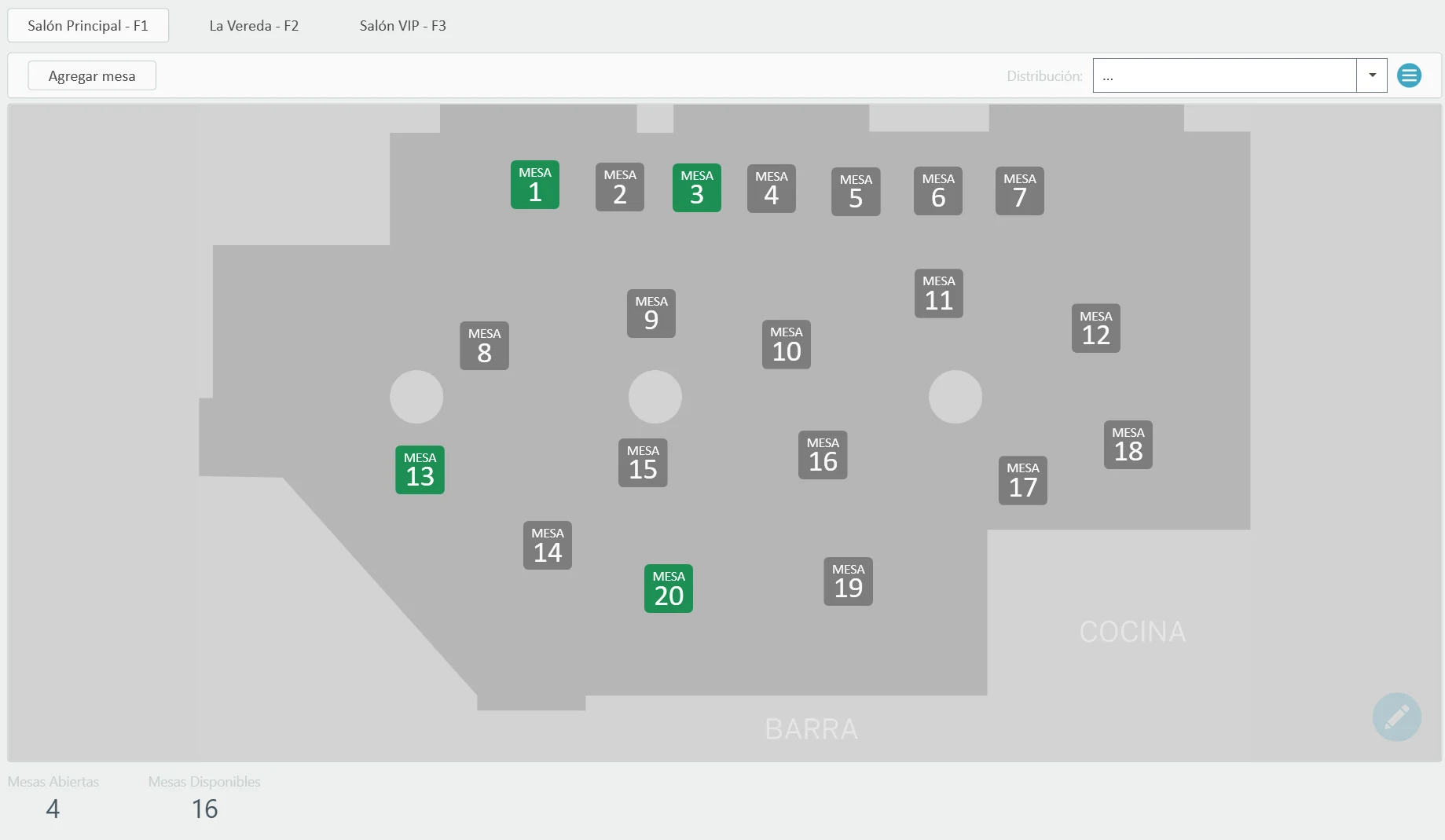 Mapa del salón de un bar en StackTrade con mesas libres en gris y ocupadas en verde