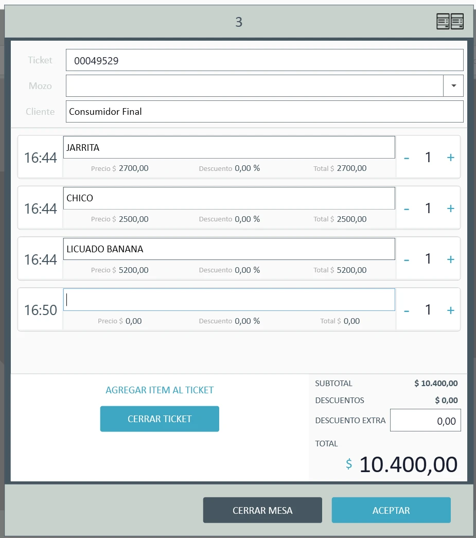 Ticket abierto de una mesa en StackTrade con los productos pedidos, la hora de cada pedido y el total