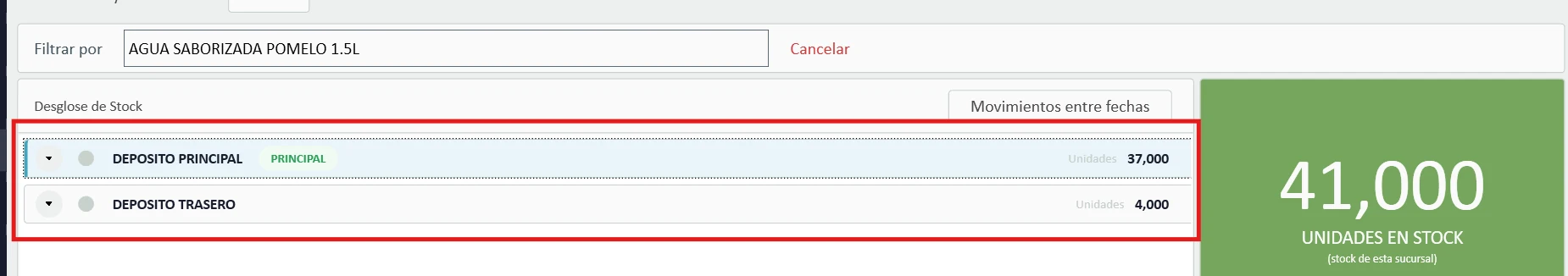 Captura real de StackTrade: desglose de stock del producto por depósito y total en la sucursal