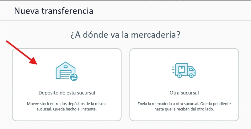 Captura real de StackTrade: opción para transferir stock a un depósito de esta misma sucursal