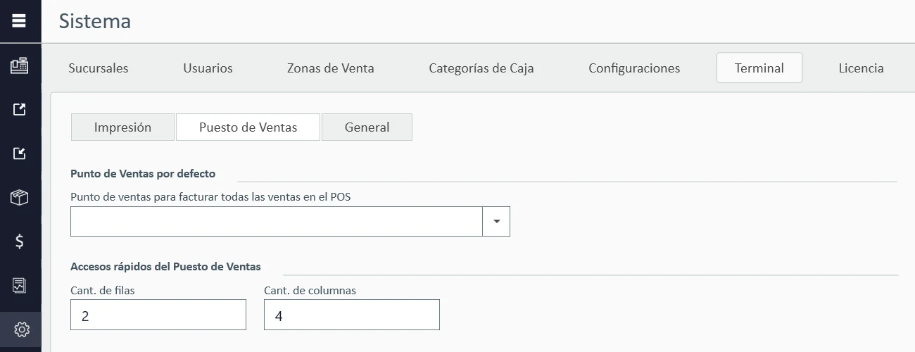 Configuración de la terminal en StackTrade con la cantidad de filas y columnas de los accesos rápidos del puesto de ventas