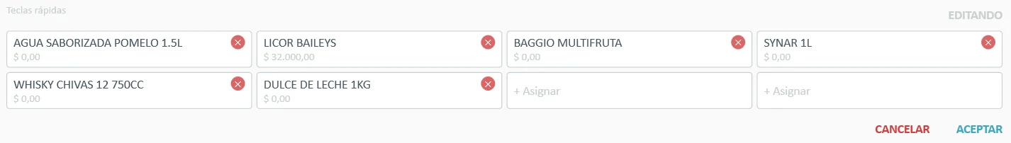 Teclas rápidas de StackTrade en modo edición, con la cruz para quitar cada tecla, teclas libres para asignar y los botones Cancelar y Aceptar