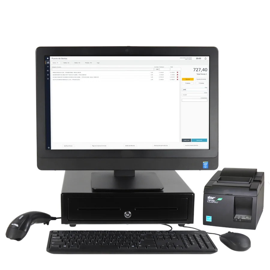 Computadora con StackTrade, impresora fiscal, cajón de dinero y lector de códigos de barras