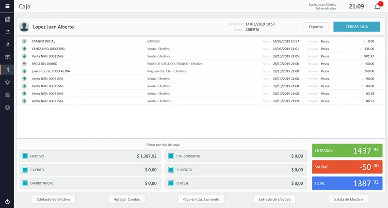 StackTrade: caja con movimientos y totales por forma de pago